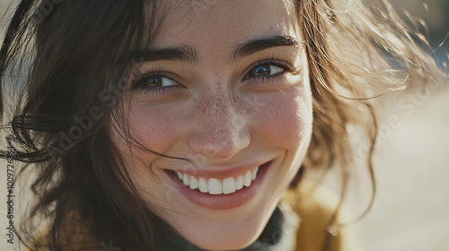 close-up portrait of a young woman smiling naturally, with a friendly and open expression photo