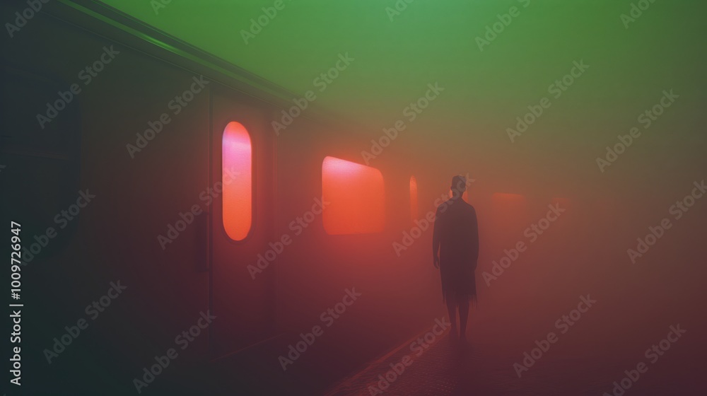 A silhouetted figure stands amid mist in a subway, surrounded by vivid green and red lighting effects. A silhouetted figure stands amid mist in a subway, surrounded by vivid green and red lighting effects.