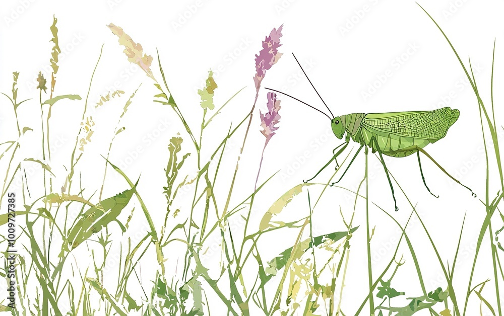 A lively green grasshopper exploring a vibrant meadow filled with delicate wild grasses and flowers during a sunny summer afternoon A lively green grasshopper exploring a vibrant meadow filled with delicate wild grasses and flowers during a sunny summer afternoon