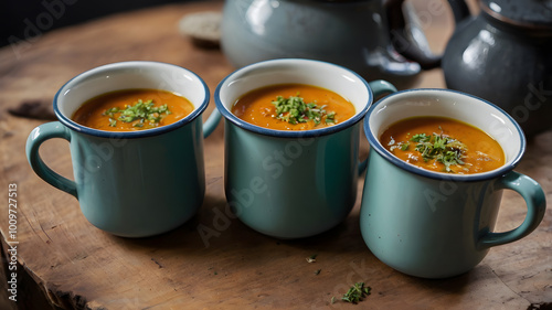 Vegan borstch served in enameled mugs photo