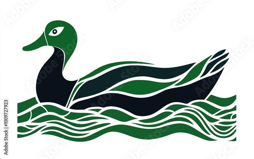 Artistic depiction of a green duck gracefully swimming in stylized waves showcasing vibrant colors and flowing lines photo