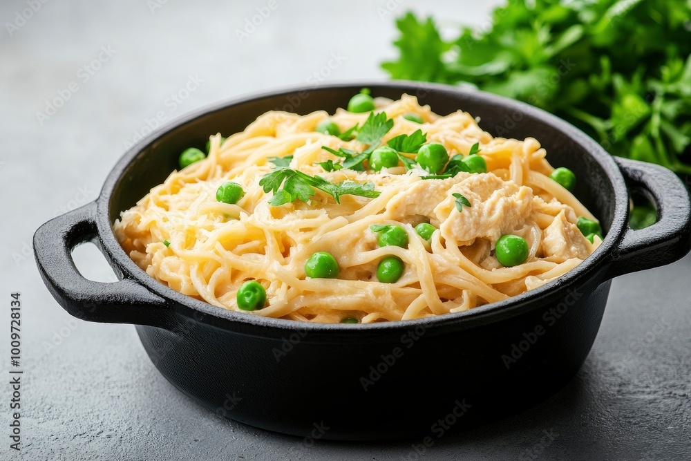 Noodles, cheese, green peas, and tuna and hummus in a cast-iron saucepan on a gray backdrop. Noodles, cheese, green peas, and tuna and hummus in a cast-iron saucepan on a gray backdrop.