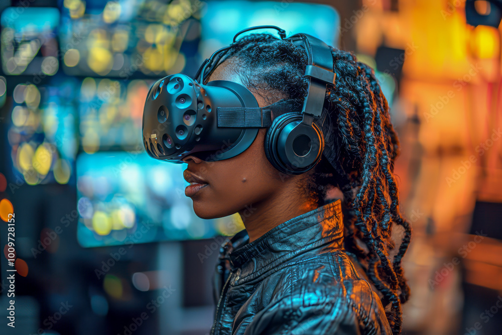 Immersed in Creativity: Black Woman Explores Virtual Reality World in Digital Studio, Engaging with Online Users in Social Network Game Immersed in Creativity: Black Woman Explores Virtual Reality World in Digital Studio, Engaging with Online Users in Social Network Game