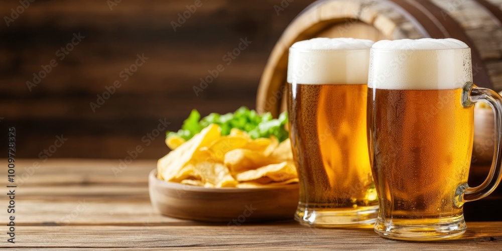 Two mugs of beer with foam with bowl of chips and olives on wooden table, old oak barrel filled with chips on blur background Two mugs of beer with foam with bowl of chips and olives on wooden table, old oak barrel filled with chips on blur background