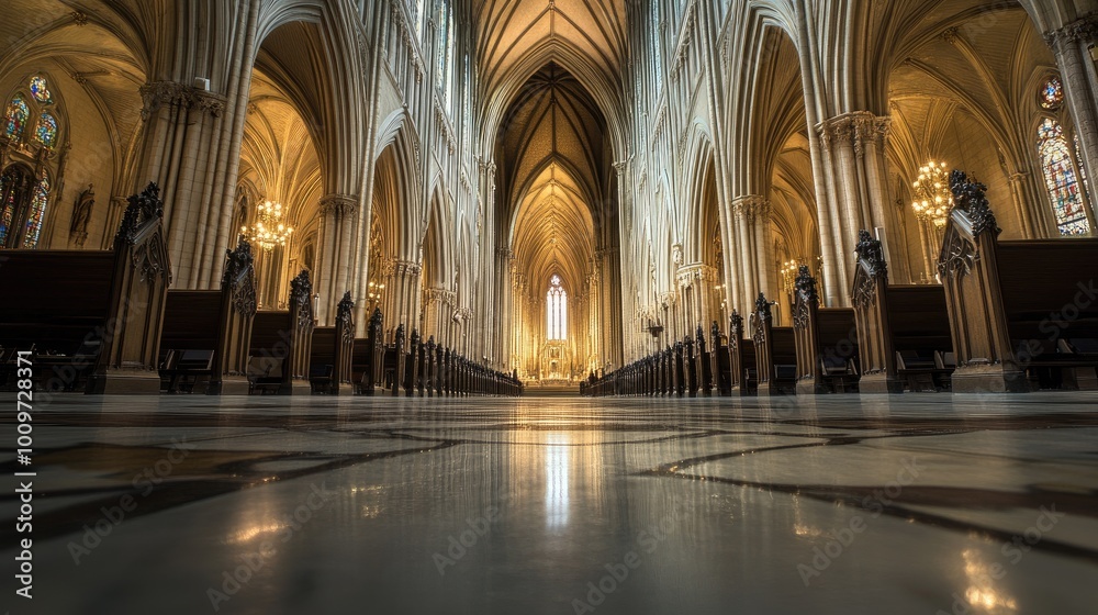 Interior view of a large cathedral with rows of pews and stained glass windows. Interior view of a large cathedral with rows of pews and stained glass windows.