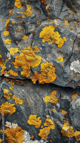 A close-up view of a rock covered in vibrant yellow lichen in a natural habitat photo