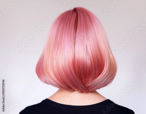 Elegant woman with vibrant pink sleek blunt haircut