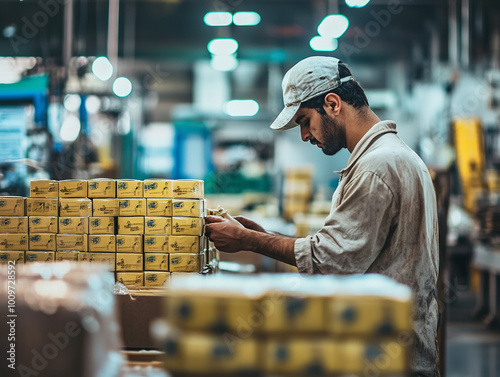 photograph of a local worker in packaging factory, blurred background photo