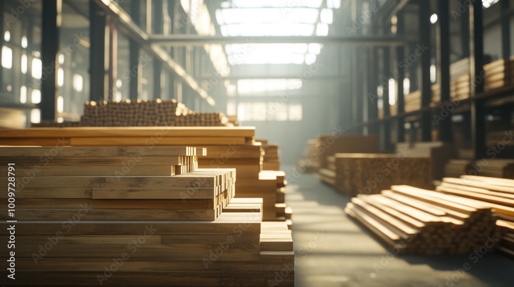 Stacks of Wooden Lumber Boards in a Large Industrial Warehouse for Construction Stacks of Wooden Lumber Boards in a Large Industrial Warehouse for Construction