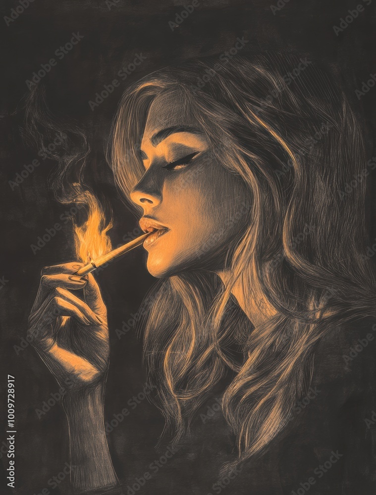 Fototapeta premium drawing of an attractive woman lighting up her cigarette, with the light glowing