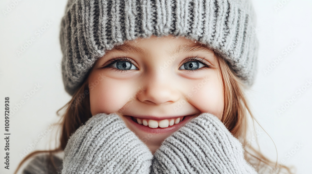 Portrait of funny cheerful little girl hidden the eyes in winter warm gray hat