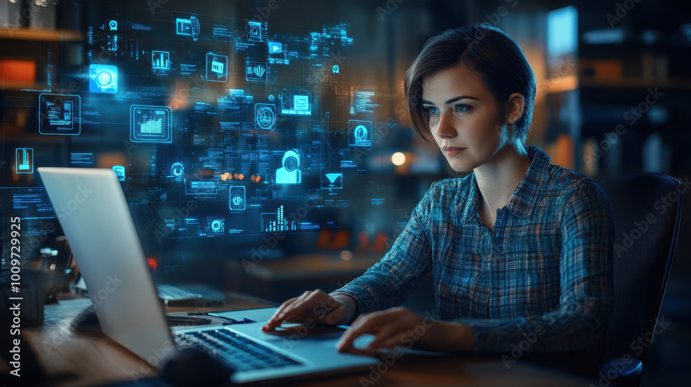 A focused tech enthusiast engages with digital content in a cozy, illuminated workspace at night A focused tech enthusiast engages with digital content in a cozy, illuminated workspace at night