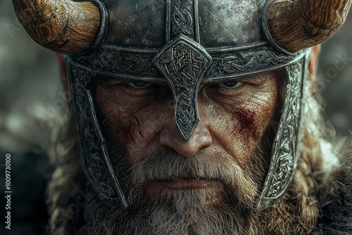 Realistic Viking Warrior: Horned Helmet in Action photo