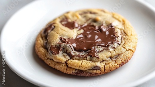  A white plate holds a chocolate chip cookie with a chocolate drizzle