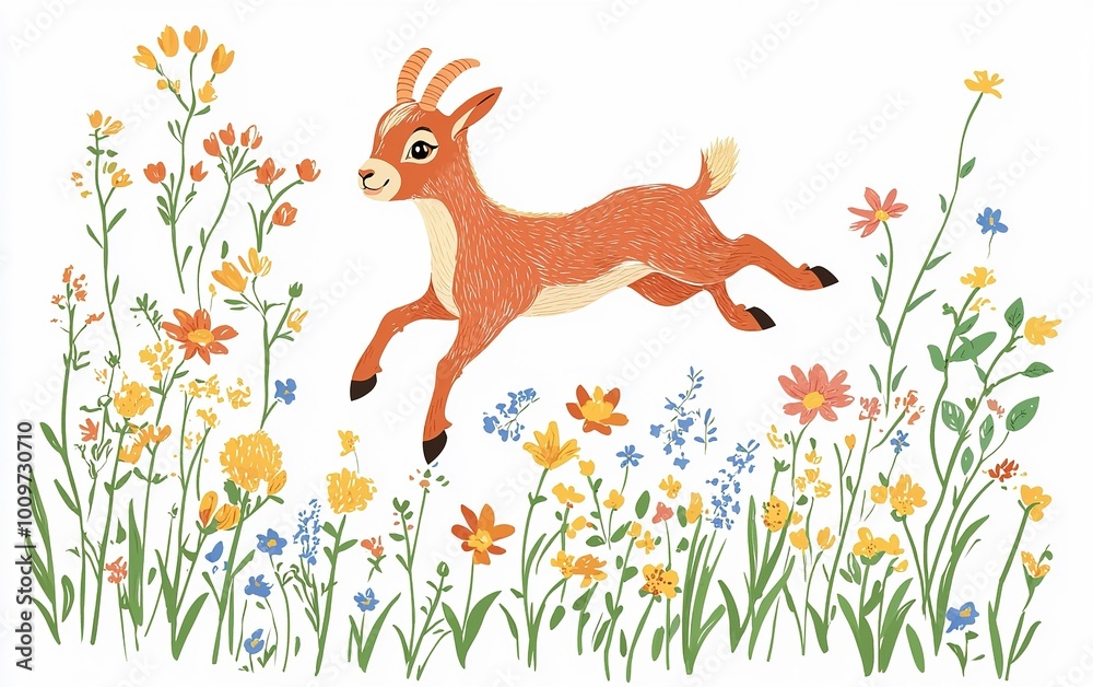 A playful goat leaps joyfully through a vibrant meadow adorned with colorful wildflowers under a bright blue sky A playful goat leaps joyfully through a vibrant meadow adorned with colorful wildflowers under a bright blue sky