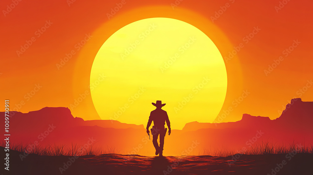 wild west, a man walking towards horizan, Silloute against huge sun, evening time, illustration wild west, a man walking towards horizan, Silloute against huge sun, evening time, illustration