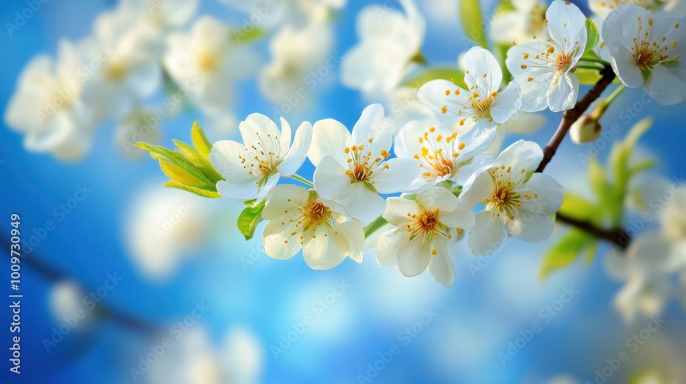 Obraz premium Delicate cherry blossom branches elegantly arranged on a soft blue background in springtime