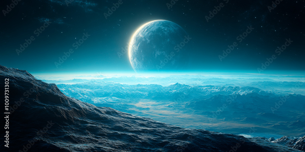 A surreal icy landscape with a large planet looming in the sky. Perfect for science fiction projects, environmental campaigns, or futuristic concepts. Useful for businesses in space exploration, techn A surreal icy landscape with a large planet looming in the sky. Perfect for science fiction projects, environmental campaigns, or futuristic concepts. Useful for businesses in space exploration, techn