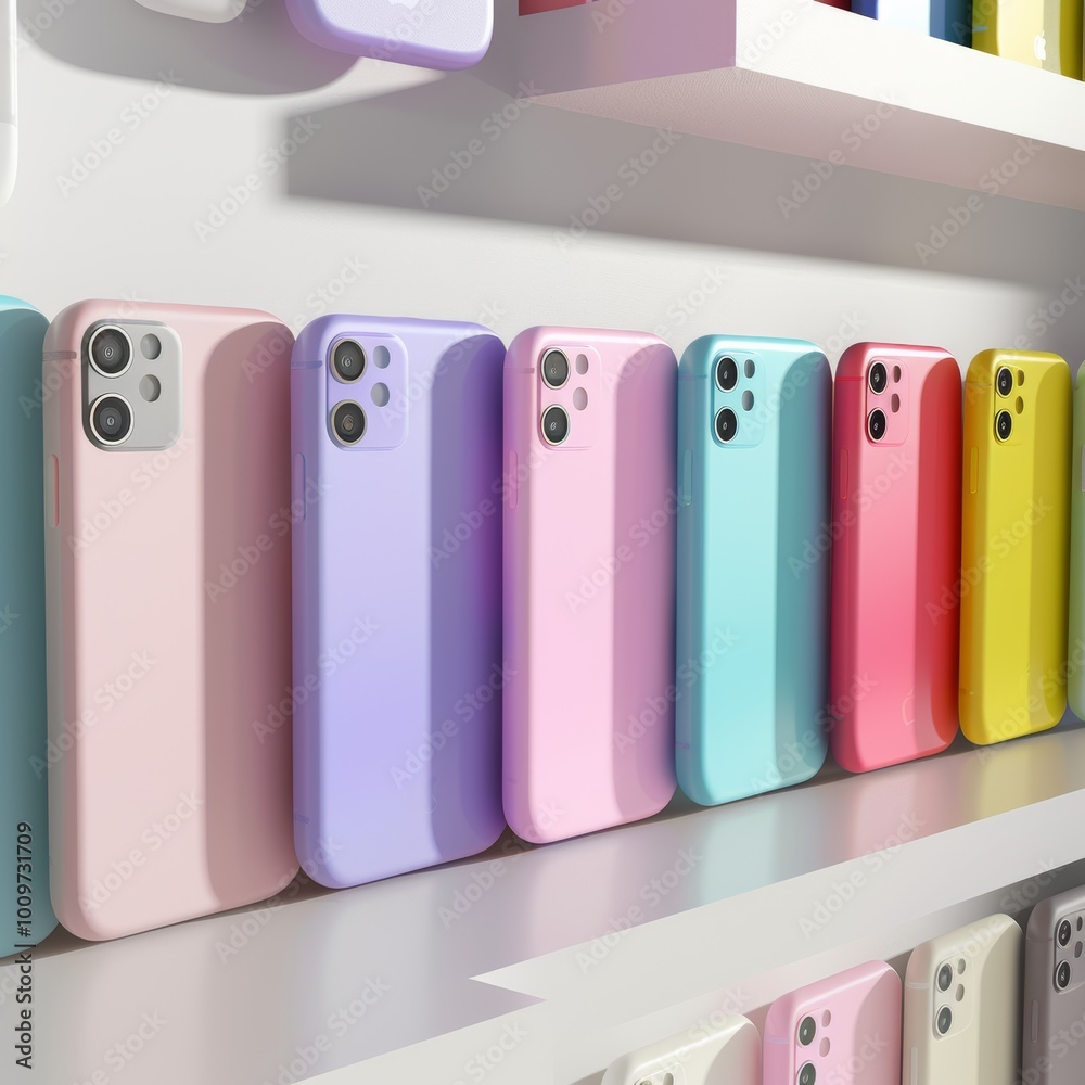 A vibrant 3D render of multicolored phone cases showcased against a clean white background A vibrant 3D render of multicolored phone cases showcased against a clean white background