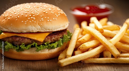 Enjoy a mouthwatering cheeseburger topped with fresh lettuce and tomato, accompanied by golden fries and tangy ketchup on a rustic wooden table