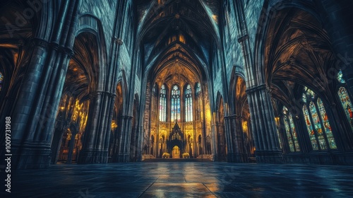 Dramatic interior of a Gothic cathedral featuring pointed arches and stained glass, richly toned with ornate carvings. Wide-angle view, minimal clutter, high-quality image.