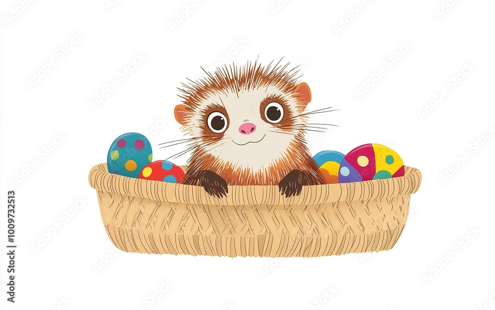Naklejka premium A cheerful creature basks in a cozy basket filled with colorful eggs during a festive spring celebration