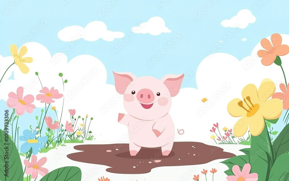 A cheerful pink pig playing joyfully in a vibrant flower field under a bright blue sky on a sunny day