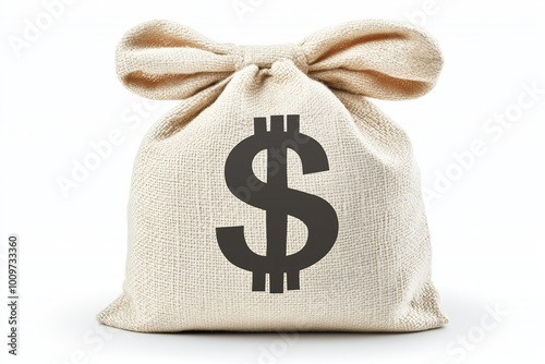 A beige money bag with a black dollar sign printed on it.