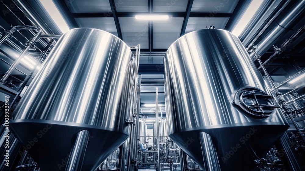 Obraz premium Two large cylindrical stainless steel brewing tanks in a modern production facility. The tanks are part of a large industrial setup