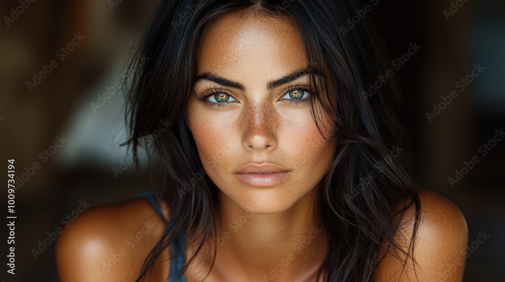 This close-up captures a woman with radiant green eyes and bronzed skin, highlighting her natural beauty in soft, warm light This close-up captures a woman with radiant green eyes and bronzed skin, highlighting her natural beauty in soft, warm light