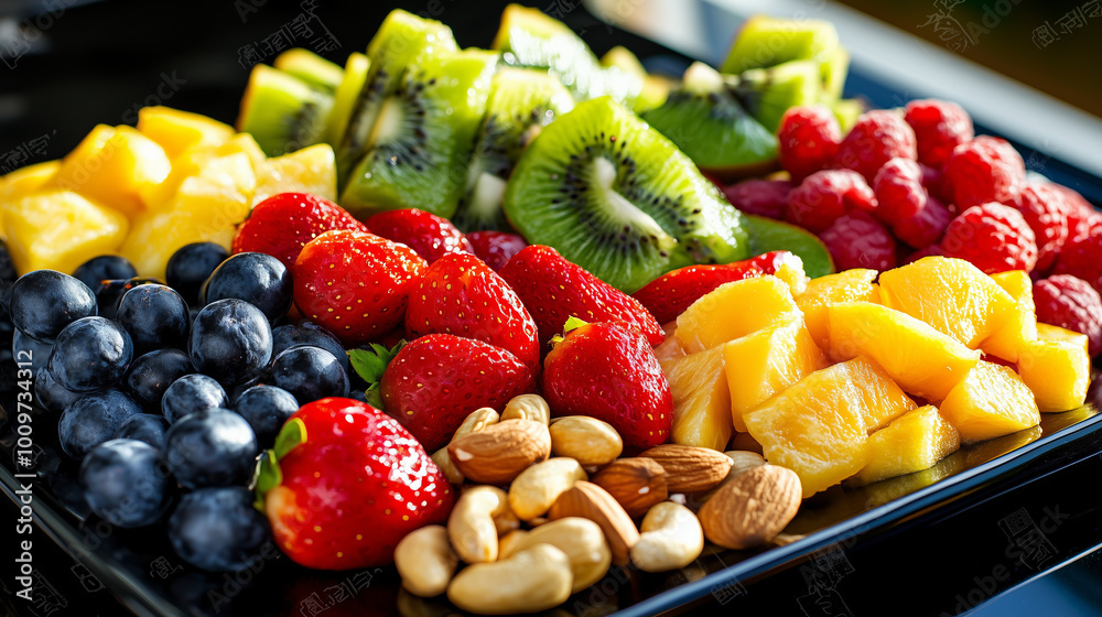 A platter of colorful fruits, including kiwi, strawberries, grapes, pineapple, and mango. A platter of colorful fruits, including kiwi, strawberries, grapes, pineapple, and mango.
