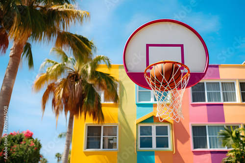 Lively and colorful basketball court in a neighborh photo