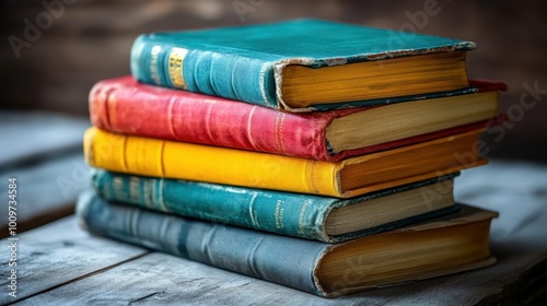 Stack of colorful vintage books with worn covers placed on a rustic wooden table