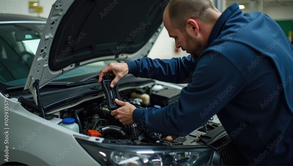 Focused Mechanic Examining Car Engine in Professional Auto Repair Workshop - Un mécanicien répare une voiture, il bricole quelque chose dans le coffre de la voiture. Un employé d'un garage automobile Focused Mechanic Examining Car Engine in Professional Auto Repair Workshop - Un mécanicien répare une voiture, il bricole quelque chose dans le coffre de la voiture. Un employé d'un garage automobile