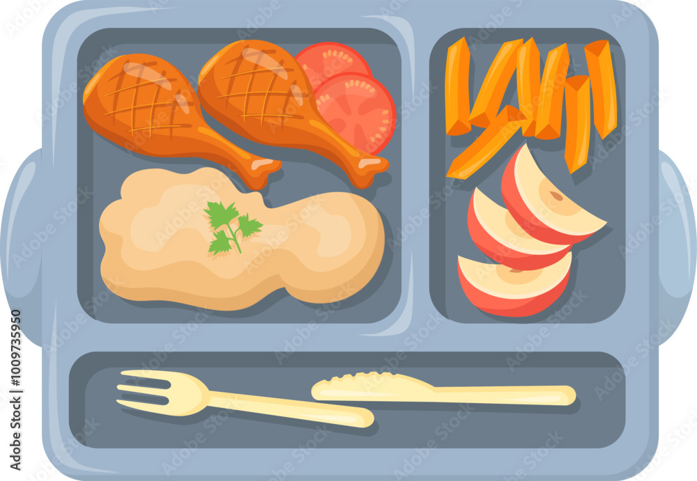 Food tray with cafeteria cartoon meal top view Food tray with cafeteria cartoon meal top view