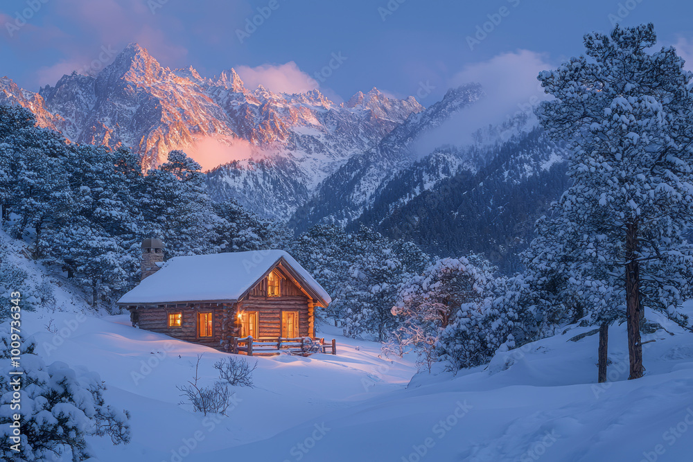 Fototapeta premium Snowy Twilight Retreat: A Cozy Mountain Cabin with Breathtaking Views