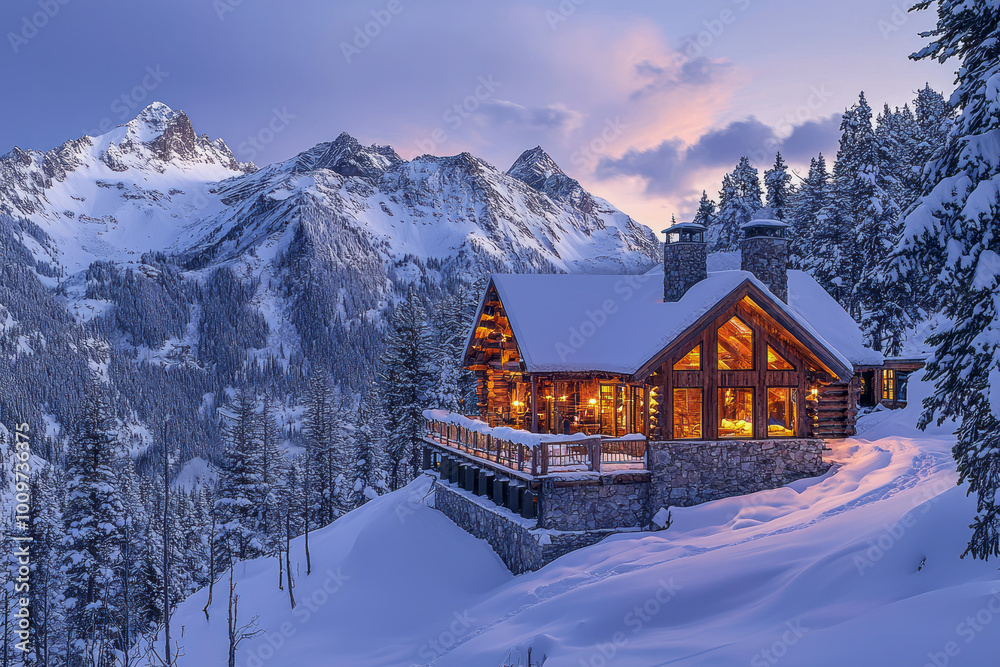 Fototapeta premium Snowy Twilight Retreat: A Cozy Mountain Cabin with Breathtaking Peak Views