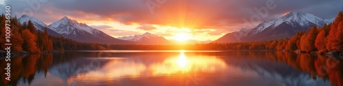 Beautiful sunrise on lake. Wide background picture.