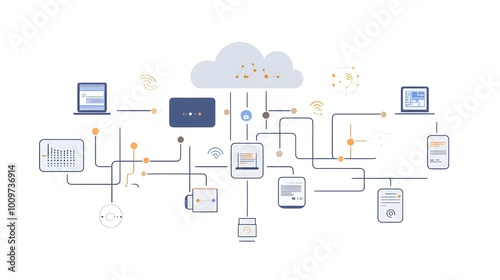 A cloud-based network diagram representing digital connections between devices, emphasizing the technology behind cloud computing and data storage