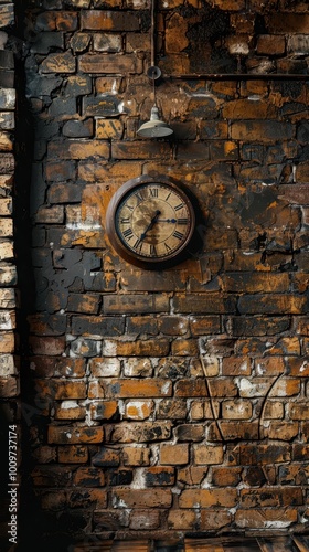 A traditional clock on a rustic brown brick wall adds character to the timeless setting