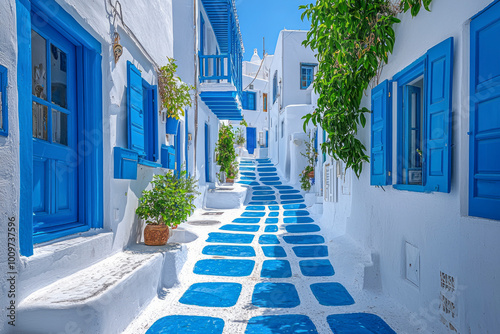 Fototapeta Naklejka Na Ścianę i Meble -  Charming Greek Village: Stunning Blue and White Streets of Mykonos Island, Greece