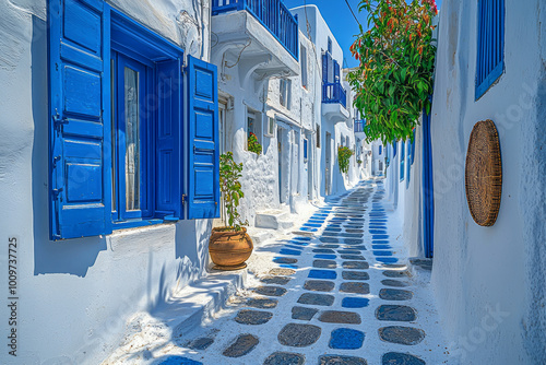 Fototapeta Naklejka Na Ścianę i Meble -  Charming Greek village scene: Quaint blue and white cobblestone street with traditional houses in Mykonos, Greece.