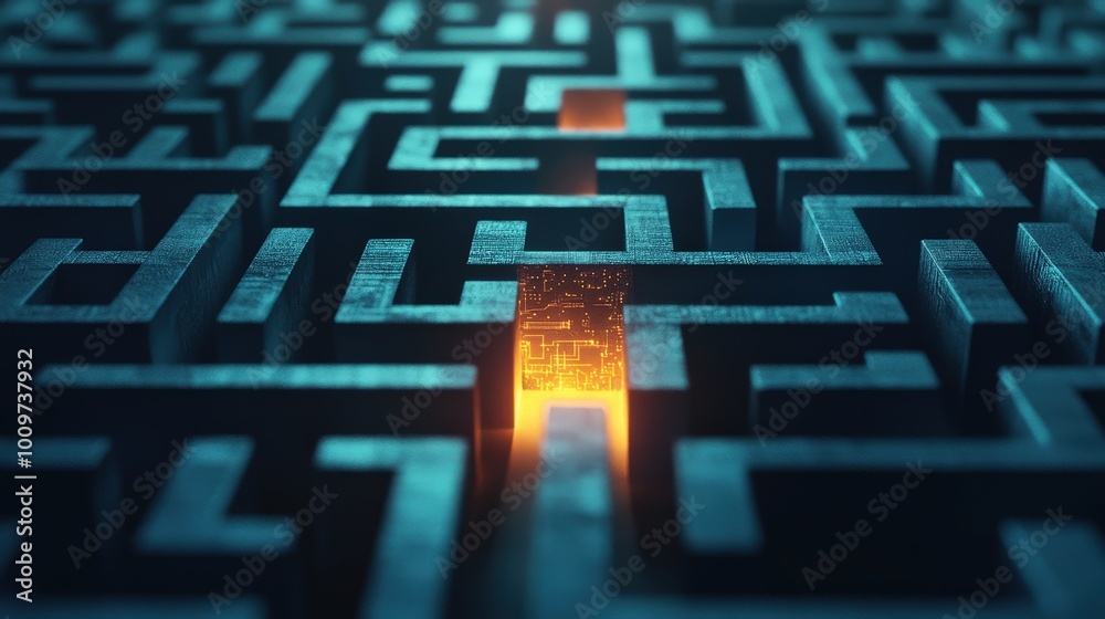 Abstract maze with glowing pathway leading through complex blue structure illuminated by soft light Abstract maze with glowing pathway leading through complex blue structure illuminated by soft light