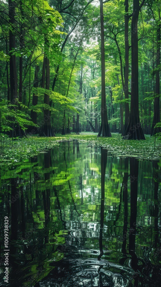 A peaceful swamp in a vibrant forest with tall trees and lush greenery reflecting in the water A peaceful swamp in a vibrant forest with tall trees and lush greenery reflecting in the water