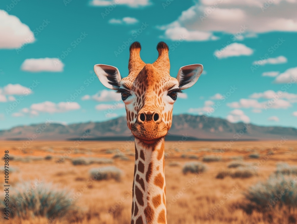 Naklejka premium Giraffe in Vibrant Savannah Landscape