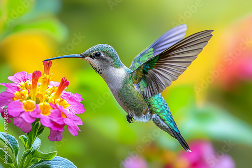 Vibrant Close-up: Hummingbird Pollinating Flower in Detailed Nature Photography