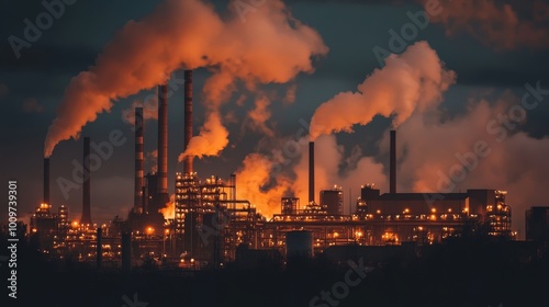 Industrial factory at night with smoke rising from chimneys and illuminated structures against dark sky