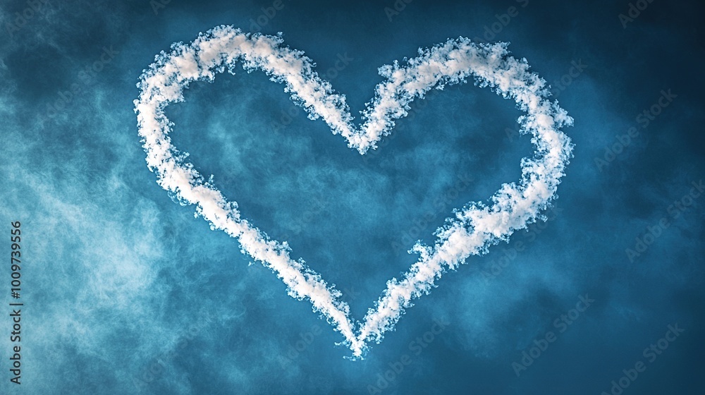 A heart-shaped cloud floats in the center of a blue sky, surrounded by more clouds that also form hearts A heart-shaped cloud floats in the center of a blue sky, surrounded by more clouds that also form hearts