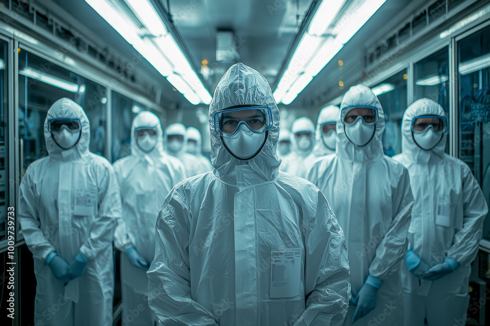 High Definition Group Photos of Semiconductor Lab Researchers in Dust-Free Clothing Capturing Rich Details in Technology Research Room High Definition Group Photos of Semiconductor Lab Researchers in Dust-Free Clothing Capturing Rich Details in Technology Research Room