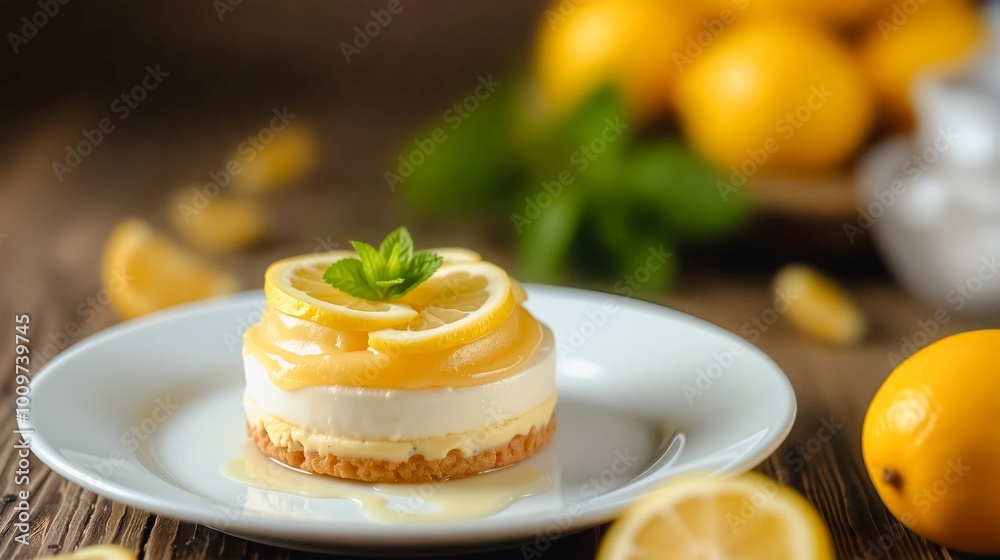 Lemon Delight Tart, A refreshing lemon tart topped with vibrant lemon slices and a sprig of fresh mint, served on a white plate against a rustic wooden backdrop. Lemon Delight Tart, A refreshing lemon tart topped with vibrant lemon slices and a sprig of fresh mint, served on a white plate against a rustic wooden backdrop.